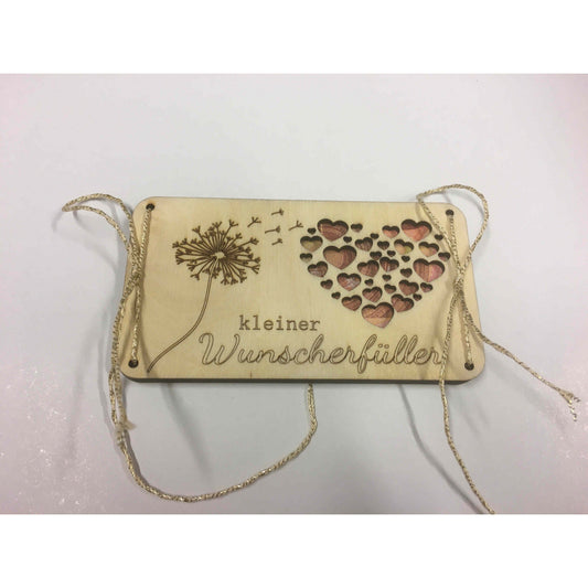 Holzkarte mit Pusteblume und Herzmotiv, Holzdeko-Lasercut-Gravur, detailreiche Holzkunst für Wunscherfüllung